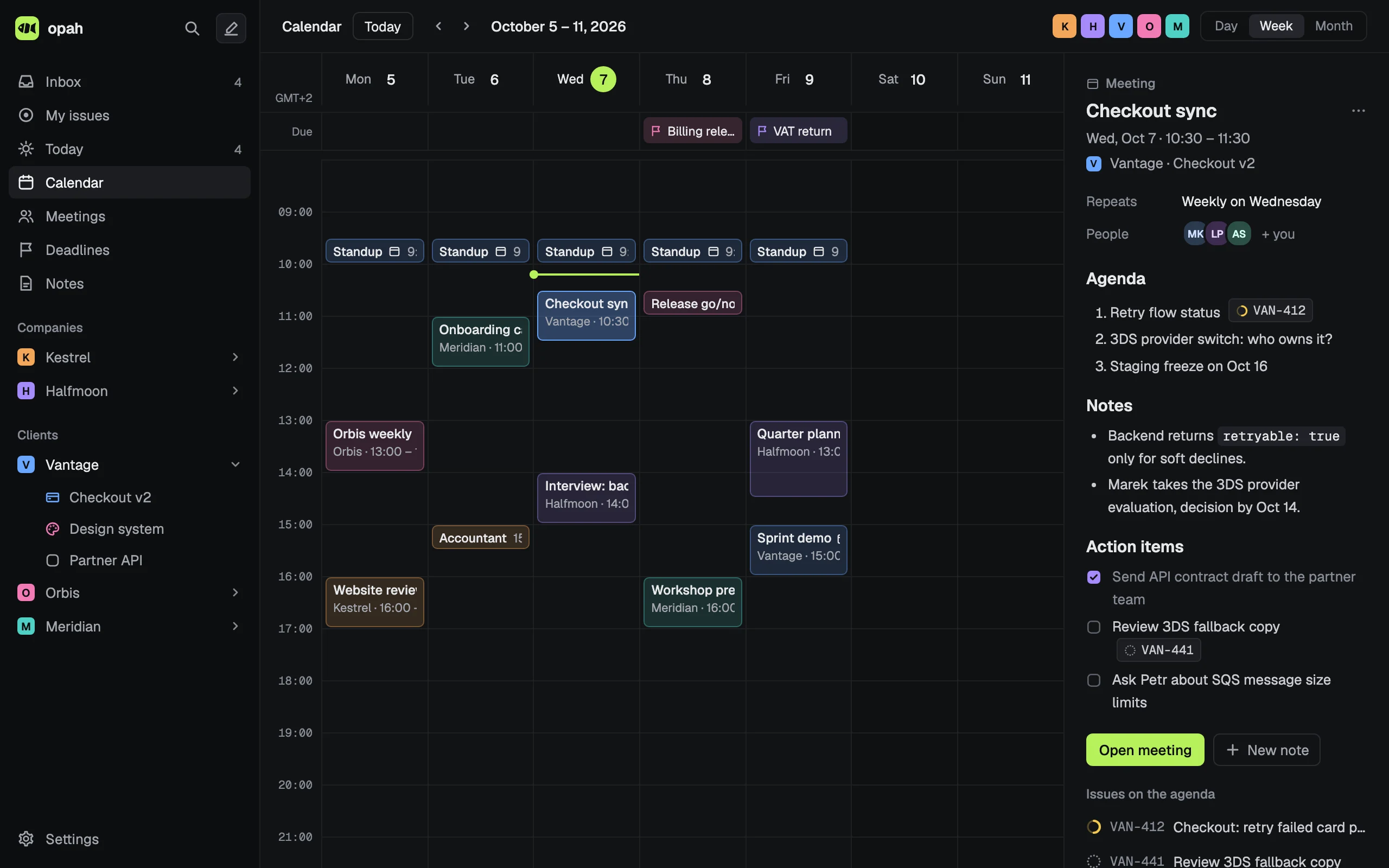 The week in the calendar, with the Checkout sync meeting open beside it: its agenda, notes and action items.
