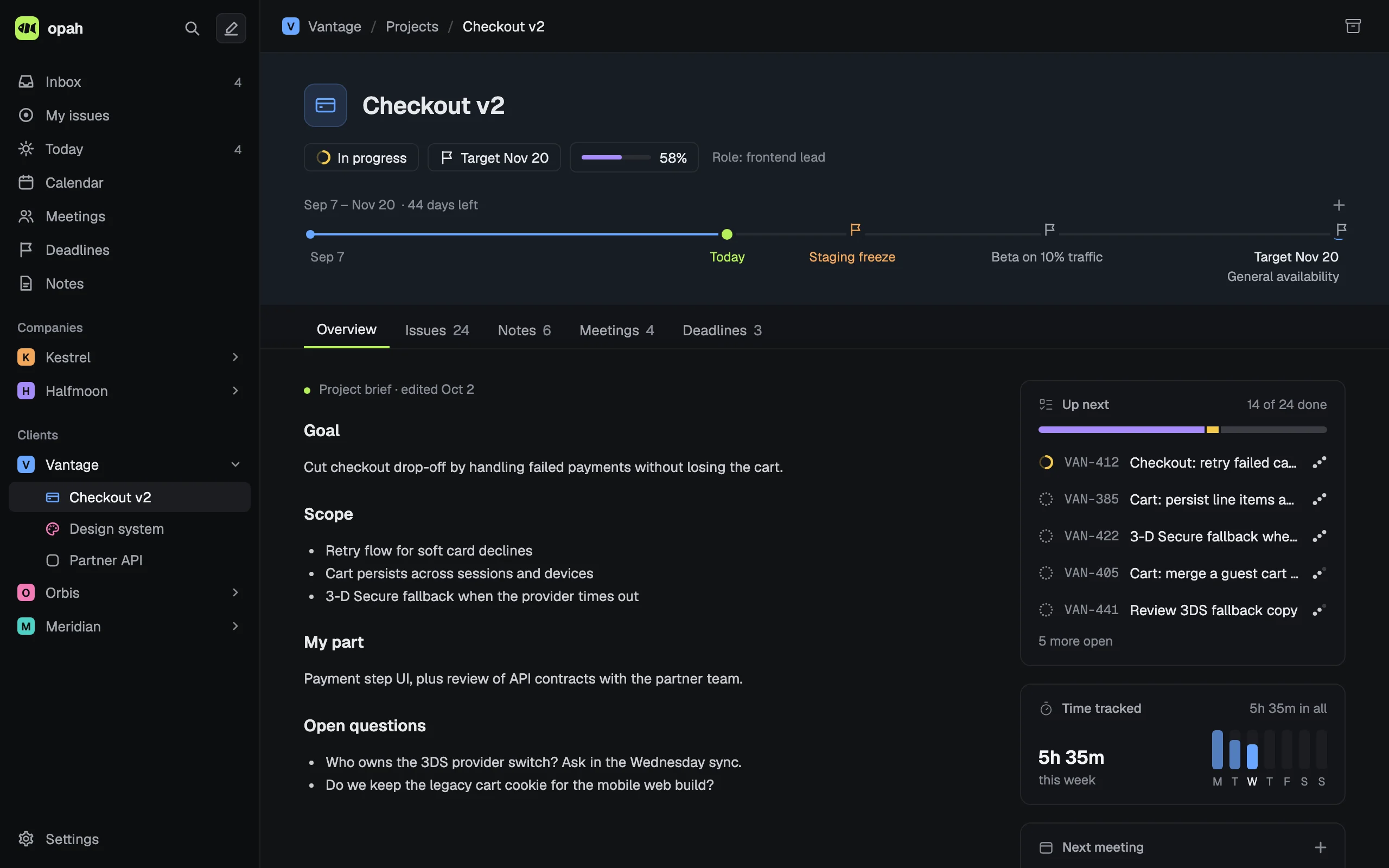 The Checkout v2 project: a timeline to its November target with three deadlines, its brief, the issues up next and this week’s time.